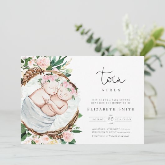 ツインズガールピンク花模様水彩ベビーシャワー 招待状 (スタンド正面)
