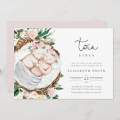 ツインズガールピンク花模様水彩ベビーシャワー 招待状 (正面/裏面)