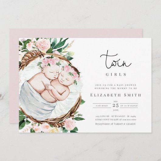 ツインズガールピンク花模様水彩ベビーシャワー 招待状 (正面/裏面)