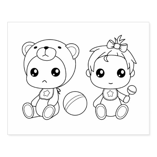 ツインズガールベアベビージャンプスーツ着色ページ ラバースタンプ (インプリント)