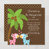 ツインズガールボーイサファリジャングルキリンキッド誕生日 招待状 (正面/裏面)