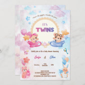 ツインズガールボーイベアフライト飛行機ベビーシャワー 招待状 (正面/裏面)