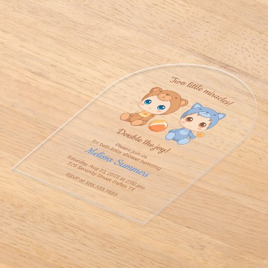 ツインズキャットベア男女兼用ベビーシャワー アクリル招待状 (レイダウン)