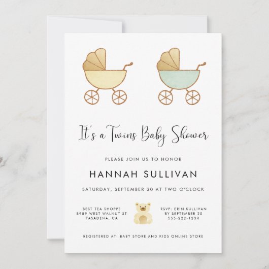 ツインズキャリッジイエローグリーン金ゴールド水色シャワー 招待状 (正面)