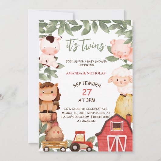 ツインズキュートな農業動物の水の色ベビーシャワー 招待状 (正面)