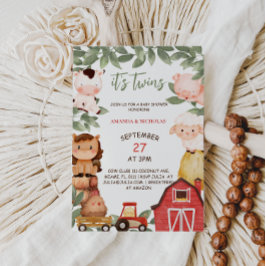 ツインズキュートな農業動物の水の色ベビーシャワー 招待状