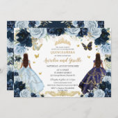 ツインズキンセアニラプリンセスネイビーベビーブルーフローラ 招待状 (正面/裏面)