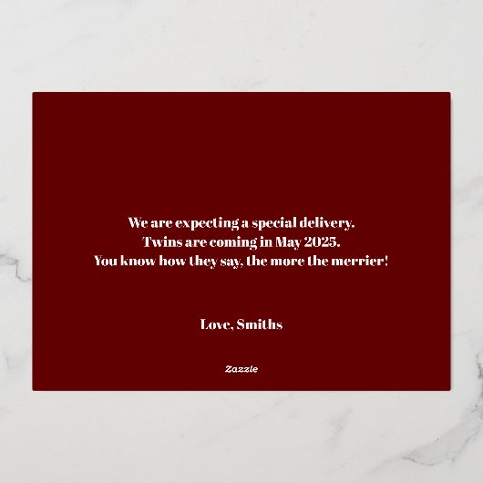 ツインズクリスマス妊娠告知カード金ゴールド 箔シーズンカード (裏面)