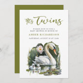 ツインズグリーンエレガントスクリプト白鳥ベビーシャワー 招待状 (正面/裏面)