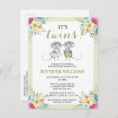 ツインズグリーンフローラボーイ&ガールベビーシャワー インビテーションポストカード (正面/裏面)