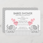 ツインズグレーピンクのギンガムベビーシャワー 招待状 (正面/裏面)