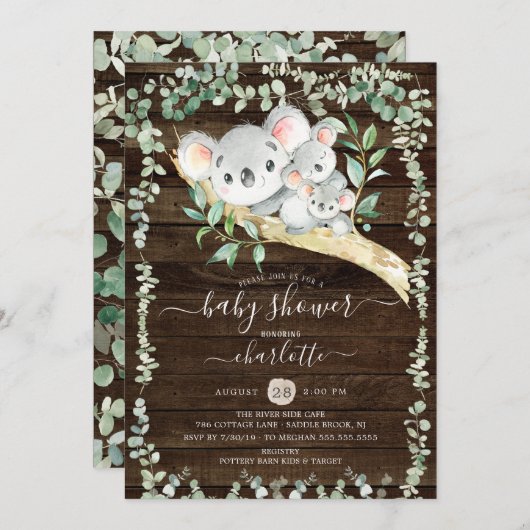 ツインズスウィートコアラベアーベビーベビーベイビーシャワー招待状 招待状 (正面/裏面)