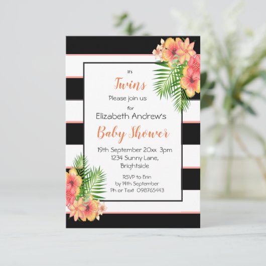 ツインズストライプのフローラベビーシャワー招待状 招待状 (スタンド正面)