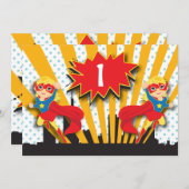 ツインズスーパーヒーロー誕生日|ブロンド·ガールズ 招待状 (正面/裏面)