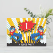 ツインズスーパーヒーロー誕生日|ボーイズブラウンヘア 招待状 (スタンド正面)