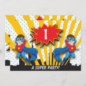 ツインズスーパーヒーロー誕生日|ボーイズブラウンヘア 招待状 (正面/裏面)