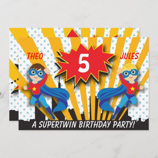 ツインズスーパーヒーロー誕生日|ボーイズブラウン/ブロンドヘア 招待状 (正面/裏面)