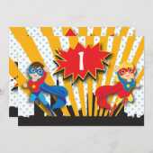 ツインズスーパーヒーロー誕生日|少年少女 招待状 (正面/裏面)