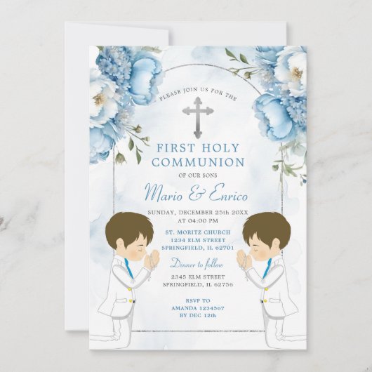 ツインズダスティブルーフラワーズボーイズファースト聖餐式 招待状 (正面)