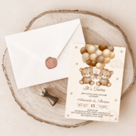 ツインズテディベアニュートラルバルーンベビーシャワー 招待状