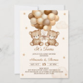 ツインズテディベアニュートラルバルーンベビーシャワー 招待状 (正面)