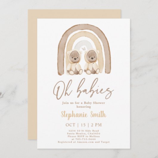 ツインズテディベアーレインボーベビーシャワー招待状 招待状 (正面/裏面)