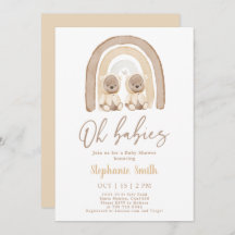 ツインズテディベアーレインボーベビーシャワー招待状