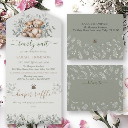 ツインズテディ男女兼用ベアベビーベビーシャワー オールインワン招待状