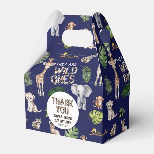 ツインズネイビーブルーサファリジャングルをテーマにした誕生日 フェイバーボックス (正面サイド)