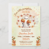 ツインズハロウィンカボチャ幽霊ニュートラルベビーシャワー 招待状 (正面)