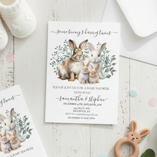 ツインズバニーウォーターカラーカップルベビーシャワー 招待状