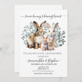 ツインズバニーウォーターカラーカップルベビーシャワー 招待状 (正面/裏面)