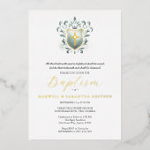 ツインズバプテスマ招待状セージグリーンクレスト 箔招待状 (正面)