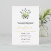 ツインズバプテスマ招待状セージグリーンクレスト 箔招待状 (立ち正面)