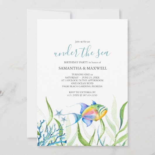 ツインズバースデーパーティーかわいい熱帯魚 招待状 (正面)