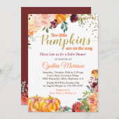 ツインズパンプキンベビーシャワーバーガンディ秋フローラ 招待状 (正面/裏面)