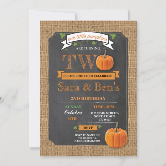 ツインズパンプキン2ndセカンドツーバースデーパーティー招待状 招待状 (正面)