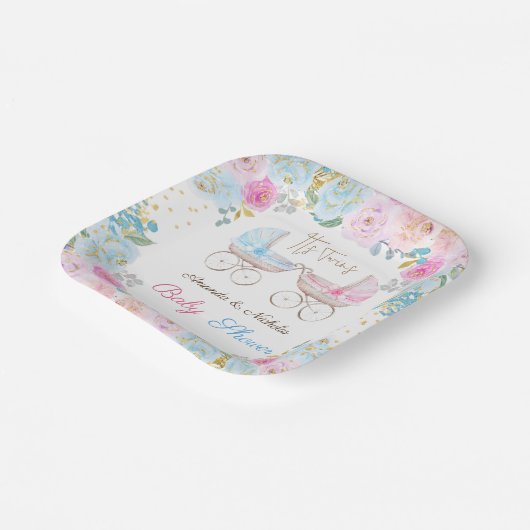 ツインズピンクと青の赤ちゃんシャワーの装飾 ペーパープレート (傾斜あり)