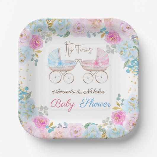 ツインズピンクと青の赤ちゃんシャワーの装飾 ペーパープレート (正面)