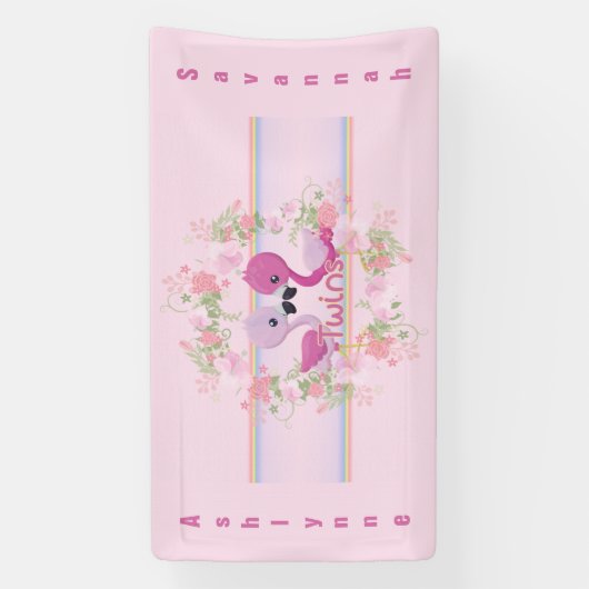 ツインズピンクのフラミンゴ赤ちゃんパーソナライズされたシャワー 横断幕 (縦)