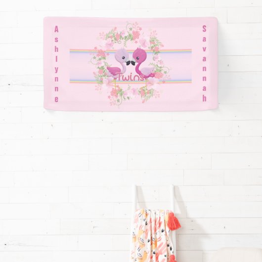 ツインズピンクのフラミンゴ赤ちゃんパーソナライズされたシャワー 横断幕 (インサイチュ)