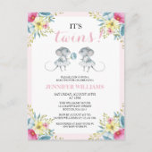 ツインズピンクのフローラ女の子ツインズベビーシャワー インビテーションポストカード (正面)