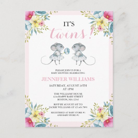 ツインズピンクのフローラ女の子ツインズベビーシャワー インビテーションポストカード (正面)