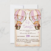ツインズピンクテディベア熱い空気バルーンベビーシャワー 招待状 (正面)