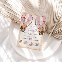 ツインズピンクテディベア熱い空気バルーンベビーシャワー 招待状