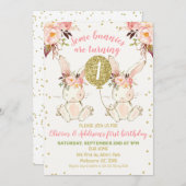 ツインズピンク金ゴールドフローラバニー1歳 招待状 (正面/裏面)