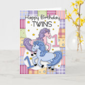 ツインズファースト誕生日カード – 2リトルポニー カード (黄色い花)