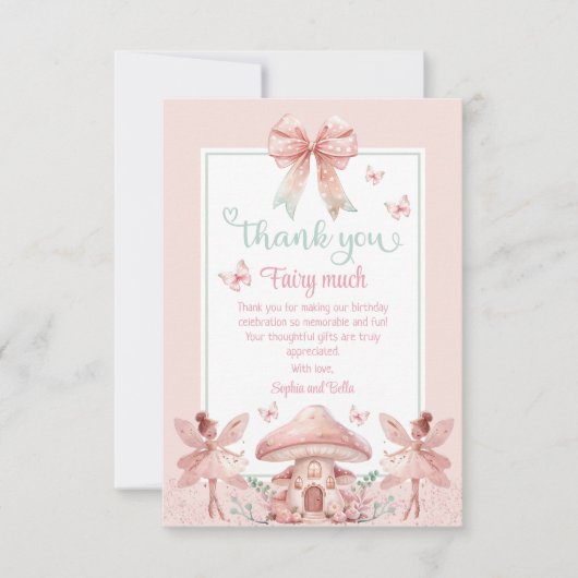 ツインズフェアリーガールズマッシュルームハウスリボン誕生日 サンキューカード (正面)