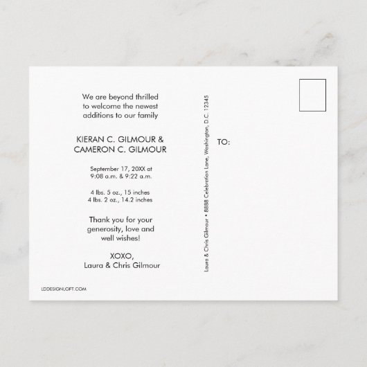 ツインズフォトコラージュの紹介男の赤ちゃん誕生 案内ポストカード (裏面)