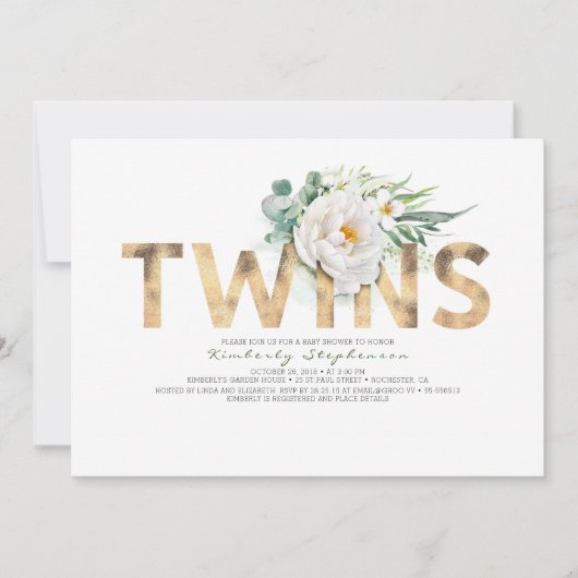 ツインズフローラ金ゴールドタイポグラフィベビーシャワー 招待状 (正面)